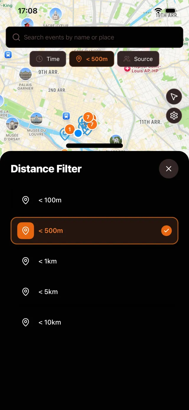 Distance radius control to find nearby events