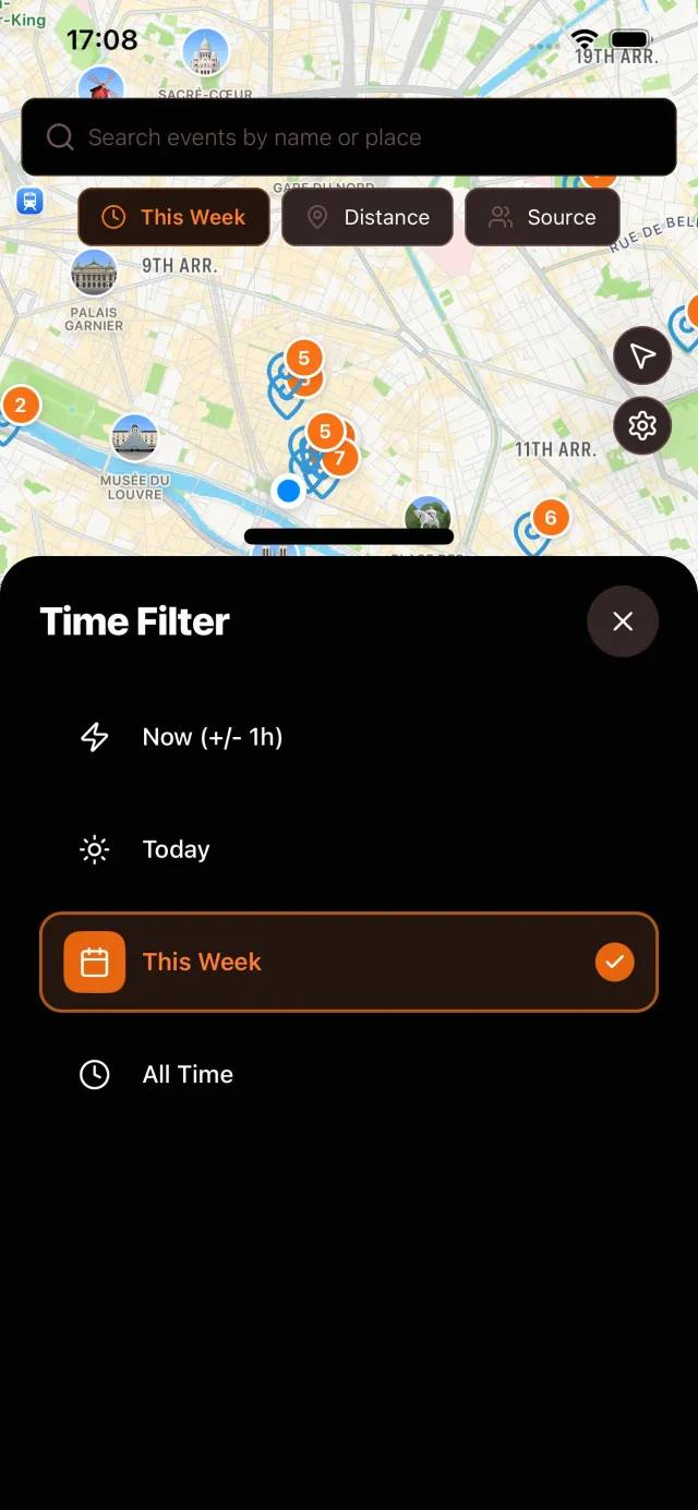 Time-based filtering options for finding events