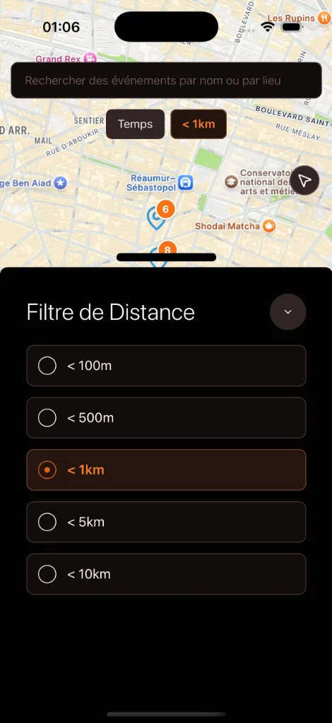 Distance radius control to find nearby events